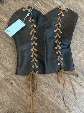 Revice Faux Leather The Siren Lace Up Brown Black Corset Top Medium